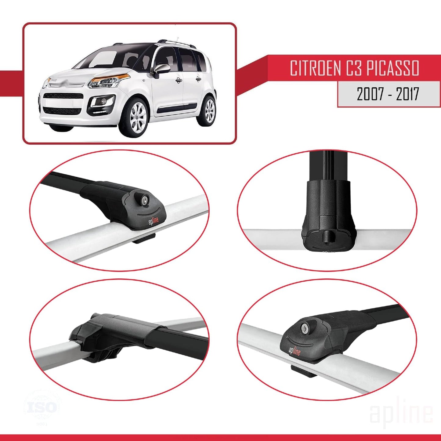Compatible with Citroen C3 Picasso 2009-2017 ACE-1 Car Roof Rack Cross Bar Black Aluminium 3 Bars