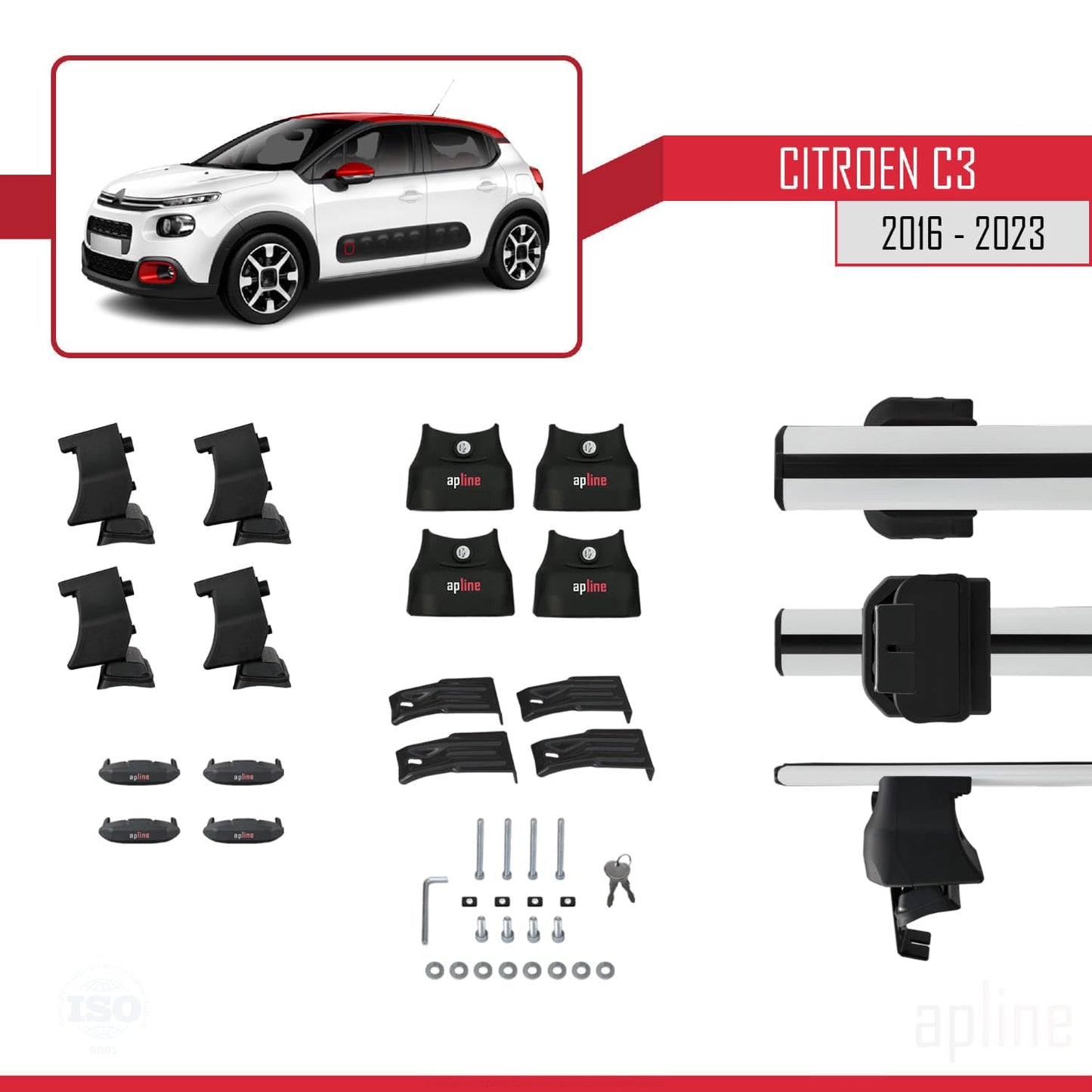 Compatible with Citroen C3 III (SX/SY) 2016-2023 ACE-4 Car Roof Rack Cross Bar Grey Aluminium 2 Bars