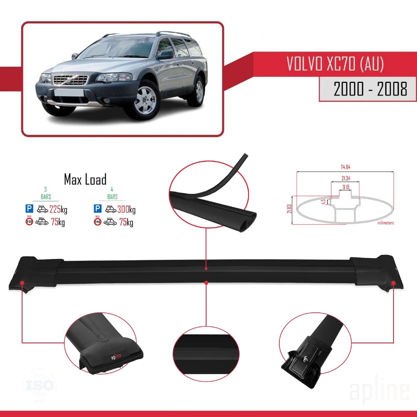 Compatible with Volvo XC70 (P2) 2000-2007 Fly Model Car Roof Rack Cross Bar Black Aluminium 3 Bars