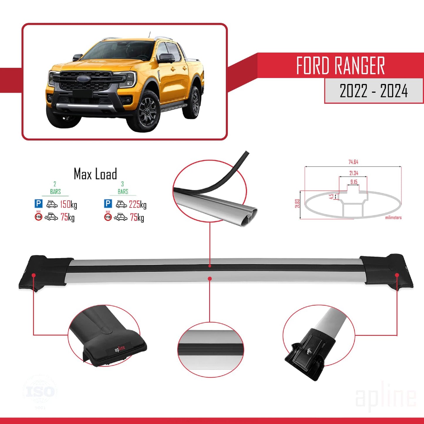 Compatible with Ford Ranger (P703) 2022-2024 Fly Model Car Roof Rack Cross Bar Grey Aluminium 2 Bars