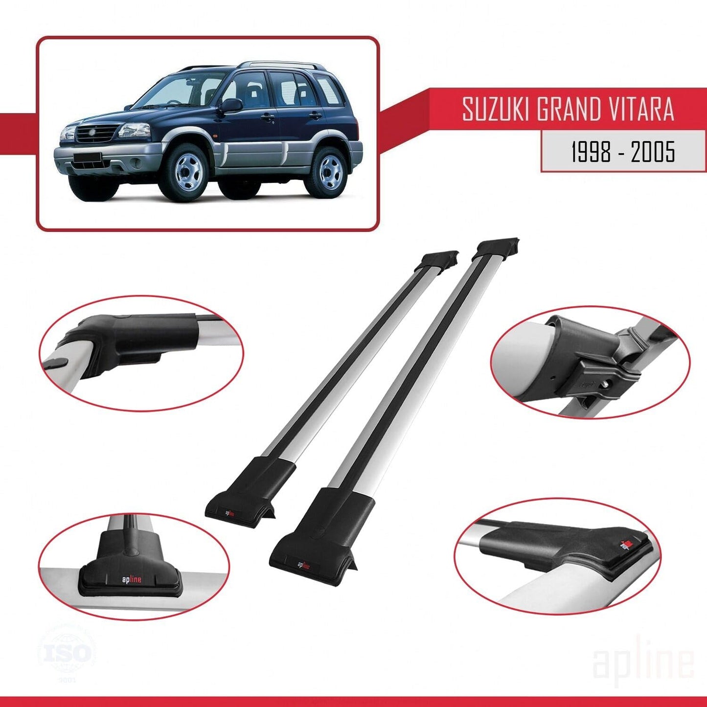 Compatible with Suzuki Grand Vitara (FT) 1998-2005 Fly Model Car Roof Rack Cross Bar Grey Aluminium 2 Bars
