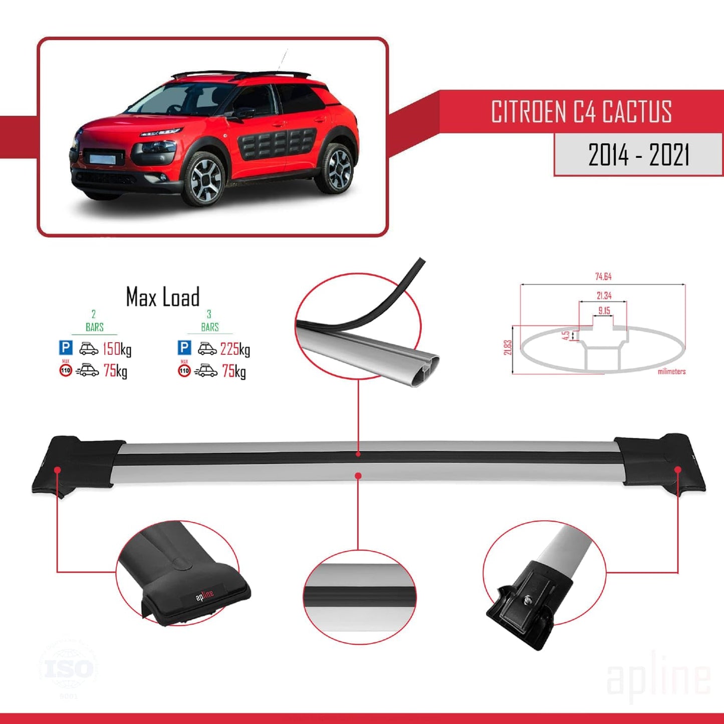 Compatible with Citroen C4 Cactus 2014-2021 Fly Model Car Roof Rack Cross Bar Grey Aluminium 2 Bars