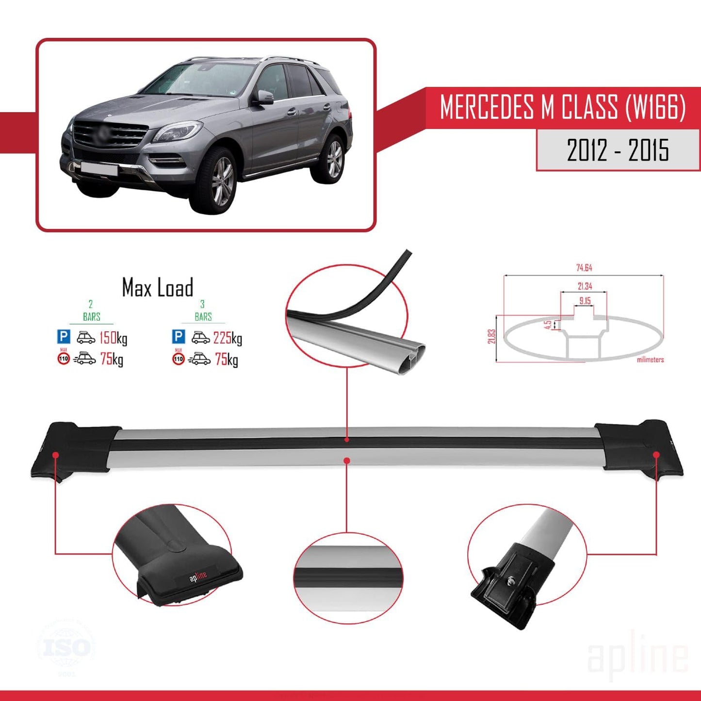 Compatible with Mercedes M Class 3 (W166) Pre-Facelift 2012-2015 Fly Model Car Roof Rack Cross Bar Grey Aluminium 2 Bars