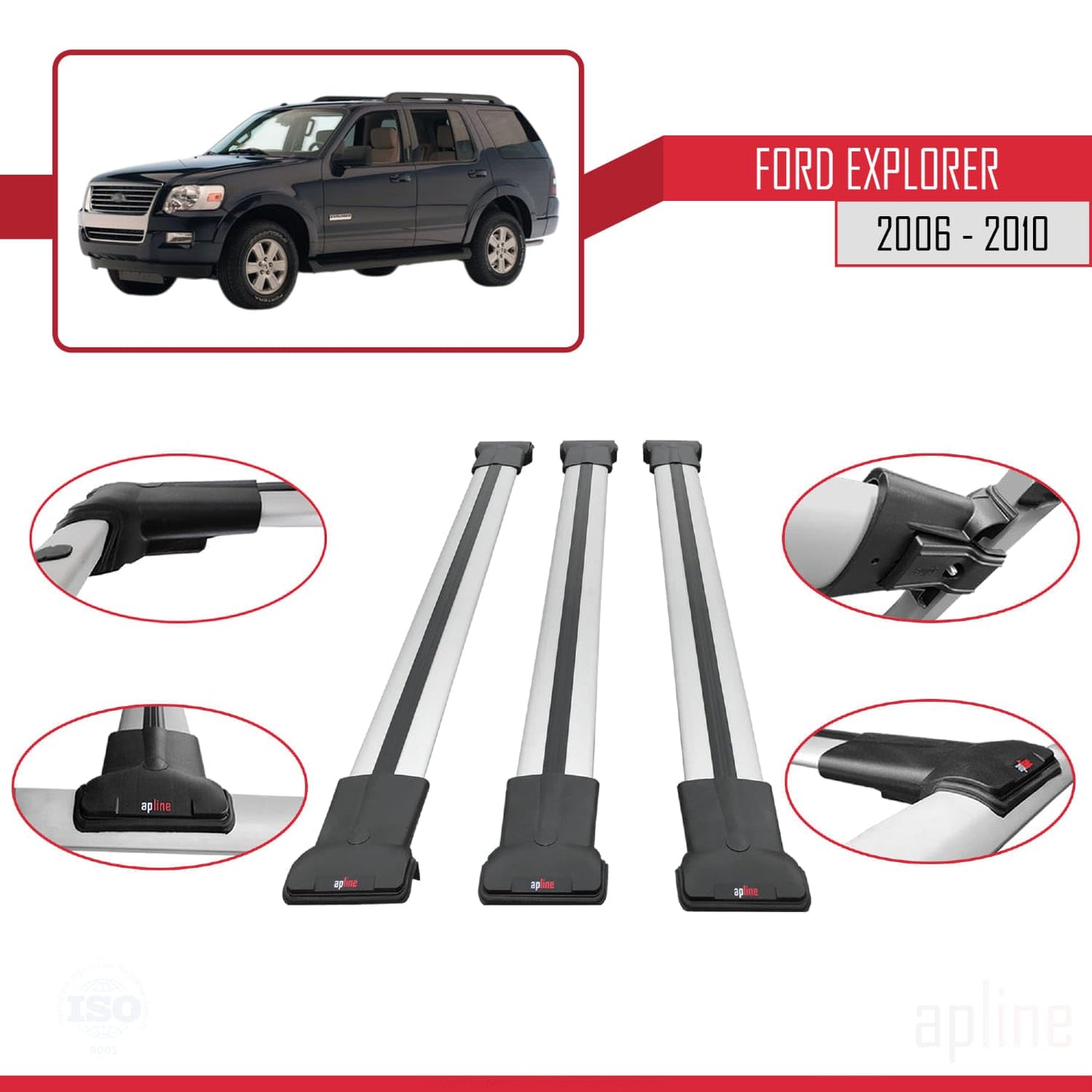 Compatible with Ford Explorer 2006-2010 Fly Model Car Roof Rack Cross Bar Grey Aluminium 3 Bars