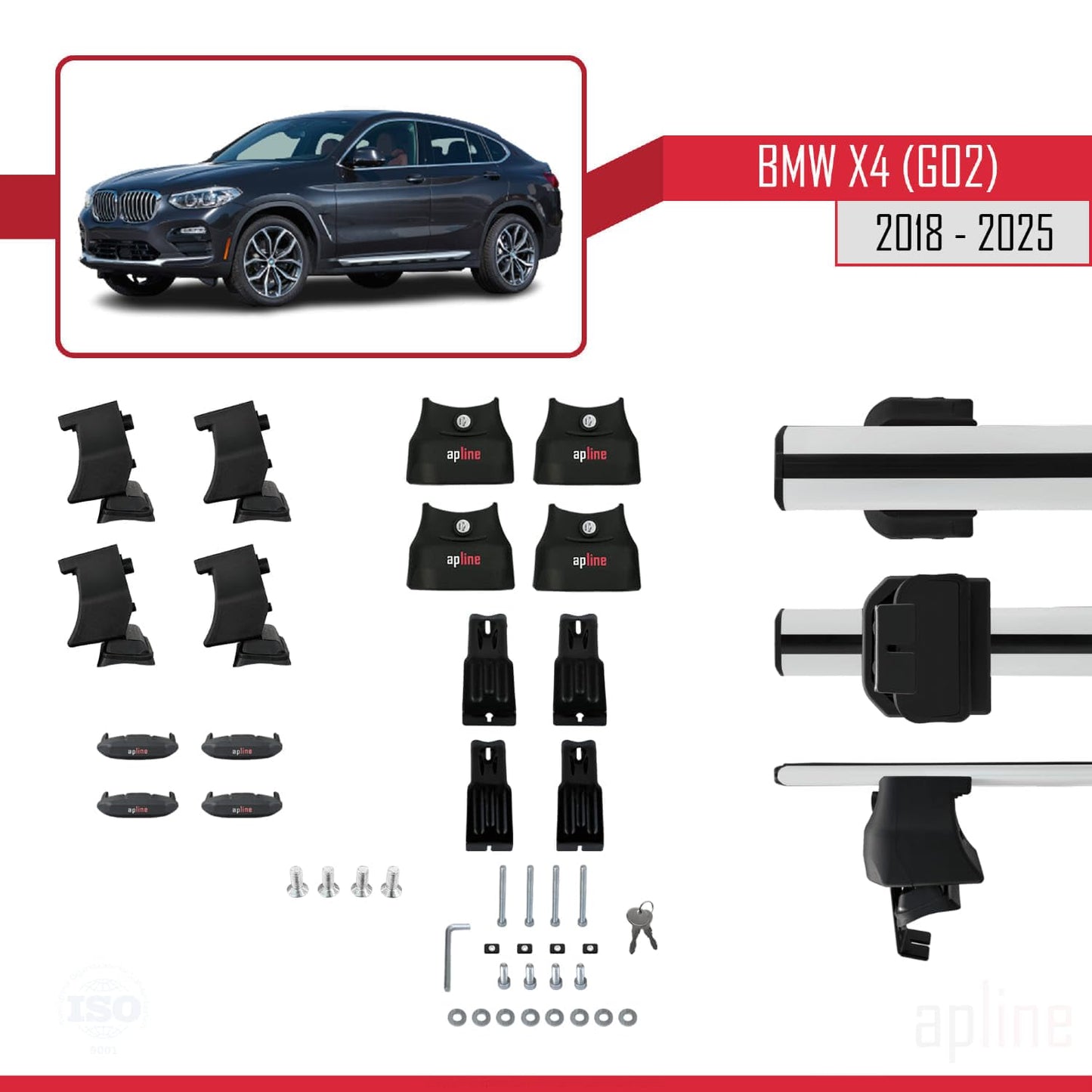 Compatible with BMW X4 (G02) 2018-2025 ACE-4 Car Roof Rack Cross Bar Grey Aluminium 2 Bars