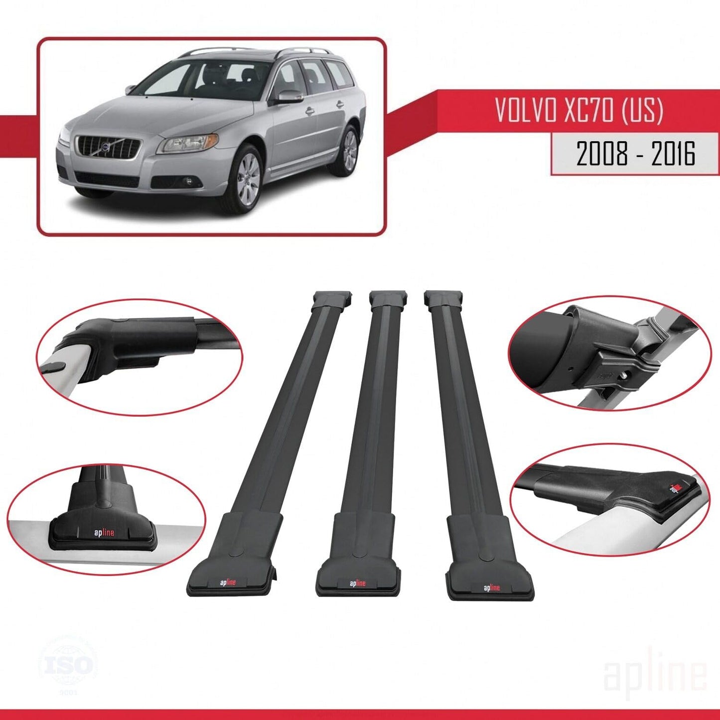 Compatible with Volvo XC70 II (P24) 2008-2016 Fly Model Car Roof Rack Cross Bar Black Aluminium 3 Bars