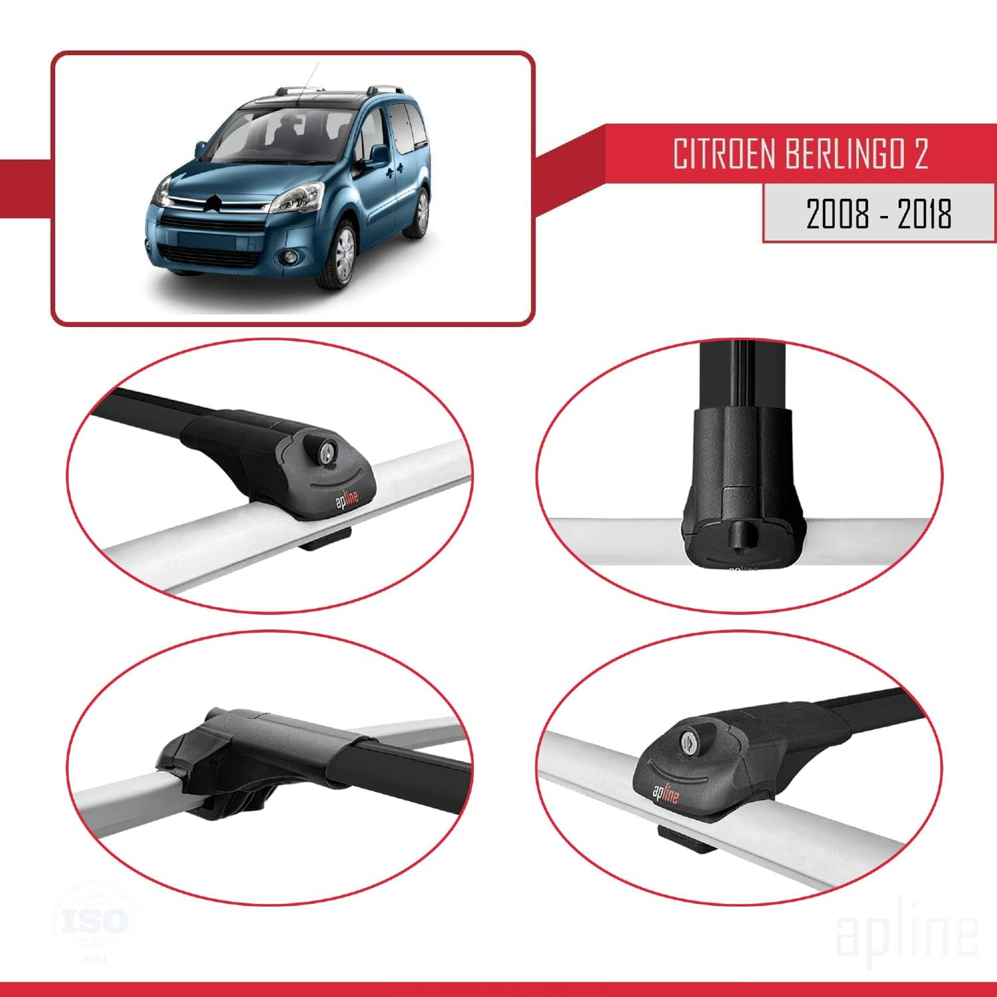 Compatible with Citroen Berlingo 2 (B9) 2008-2018 ACE-1 Car Roof Rack Cross Bar Black Aluminium 4 Bars