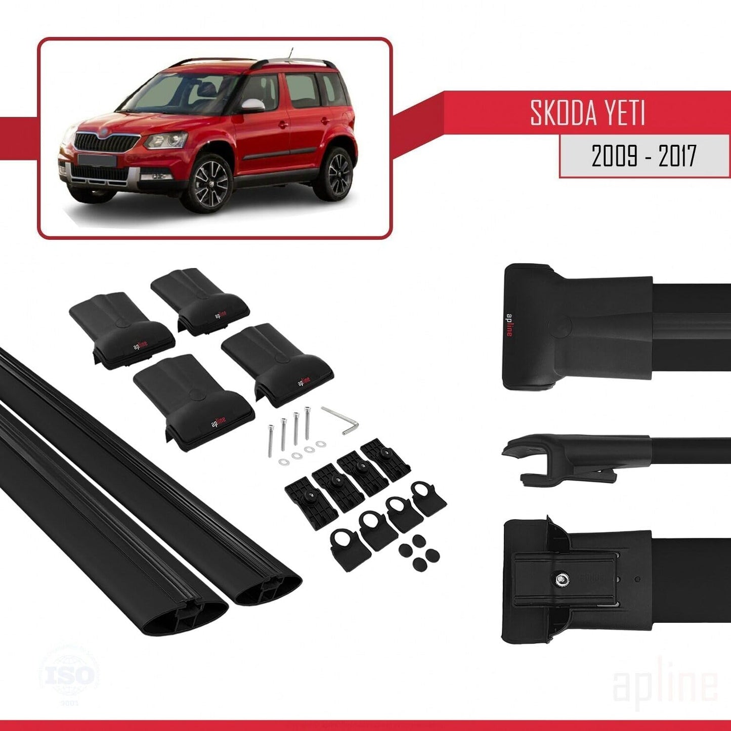 Compatible with Skoda Yeti 2009-2017 Fly Model Car Roof Rack Cross Bar Black Aluminium 2 Bars