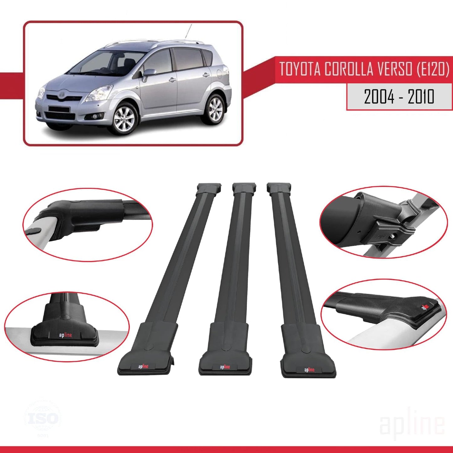 Compatible with Toyota Corolla Verso 2 (AR10) 2004-2010 Fly Model Car Roof Rack Cross Bar Black Aluminium 3 Bars