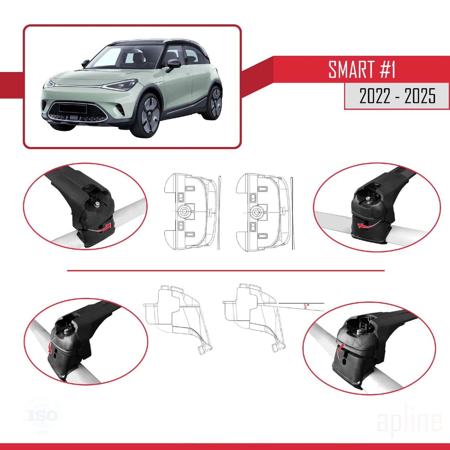 Compatible with Smart #1 2022-2025 ACE-2 Car Roof Rack Cross Bar Black Aluminium 2 Bars