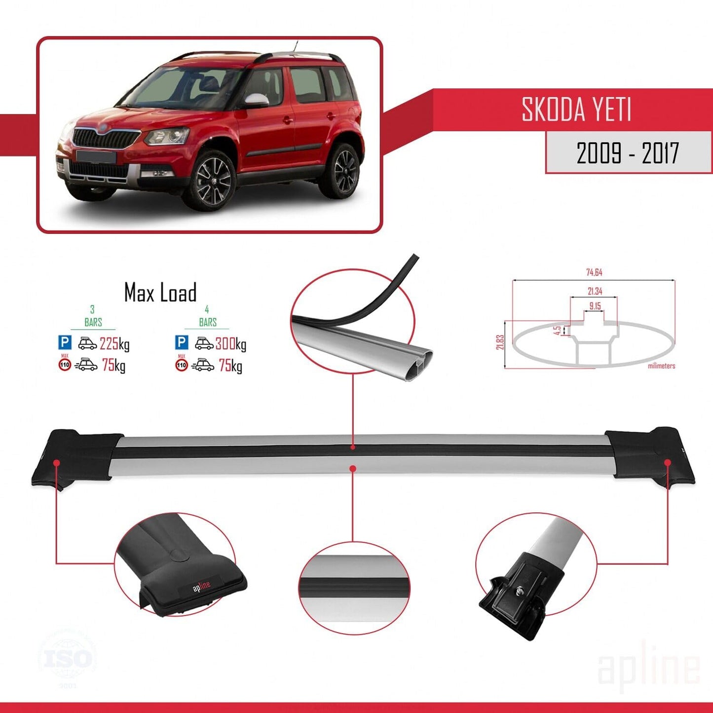Compatible with Skoda Yeti 2009-2017 Fly Model Car Roof Rack Cross Bar Grey Aluminium 3 Bars