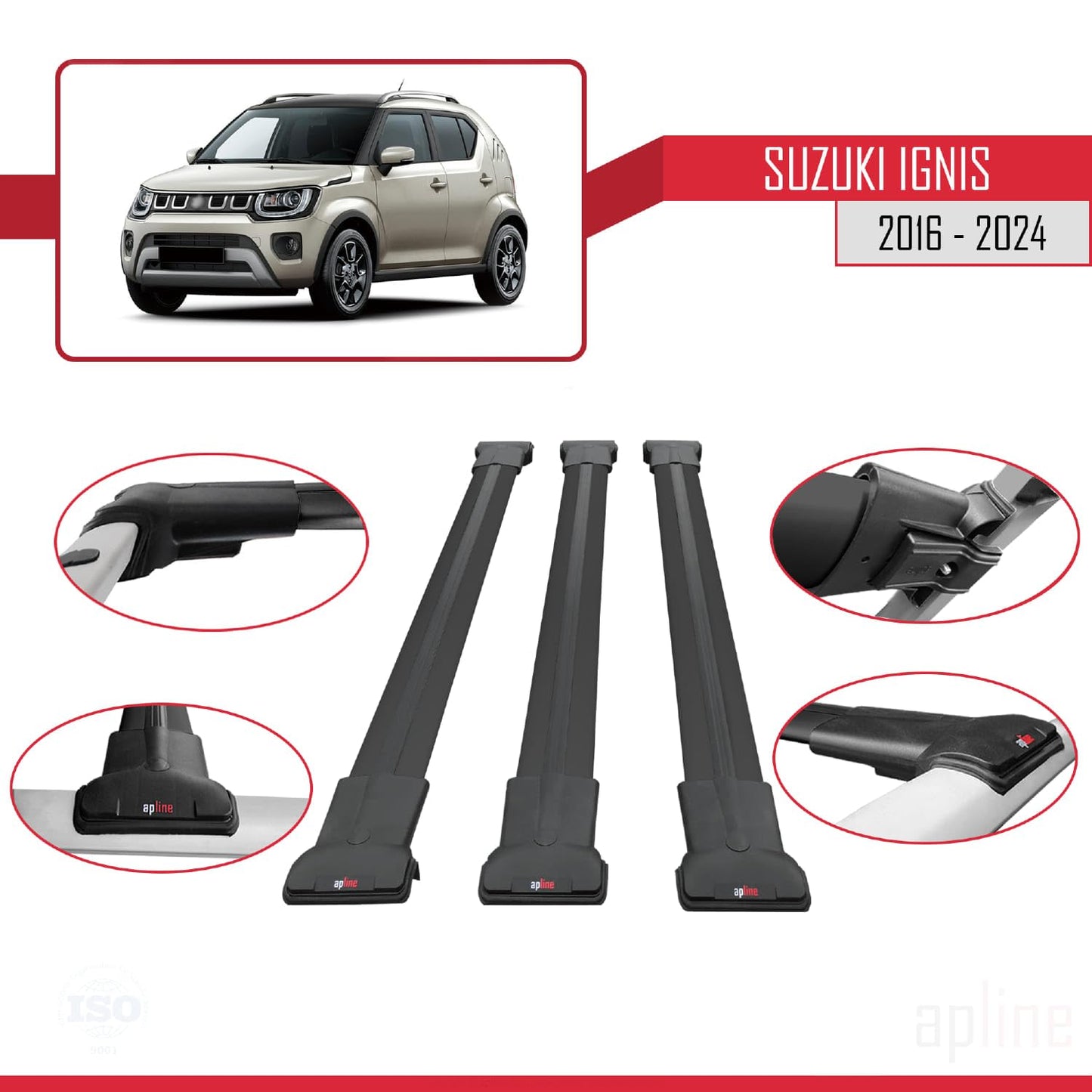Compatible with Suzuki Ignis 2016-2024 Fly Model Car Roof Rack Cross Bar Black Aluminium 3 Bars