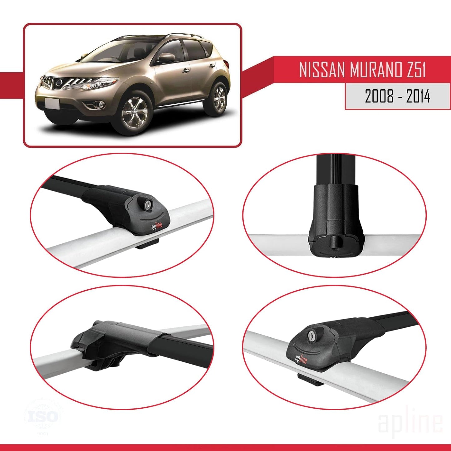Compatible with Nissan Murano 2 (Z51) 2008-2014 ACE-1 Car Roof Rack Cross Bar Black Aluminium 2 Bars