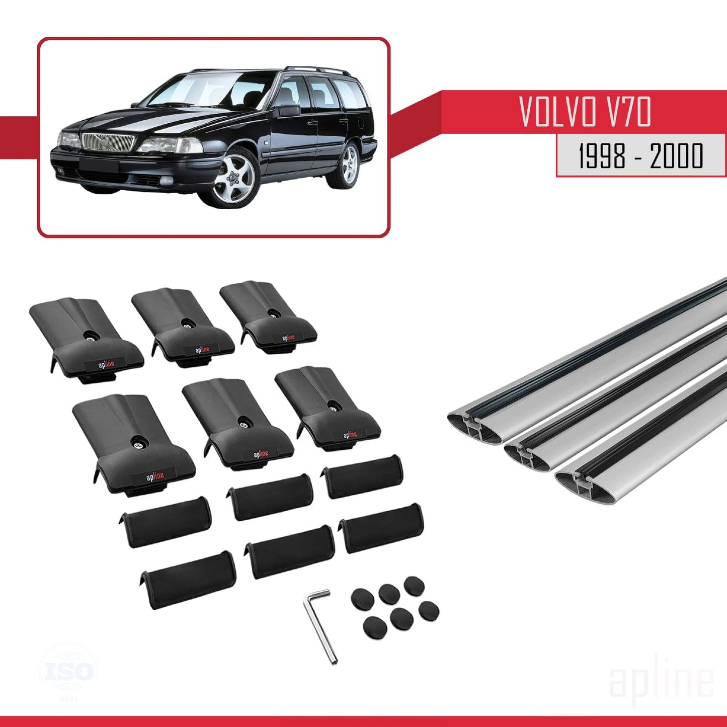 Compatible with Volvo V70 1998-2000 Fly Model Car Roof Rack Cross Bar Grey Aluminium 3 Bars