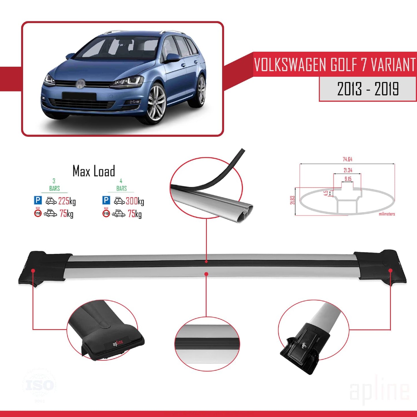 Compatible with Volkswagen Golf 7 (5G) Variant 2013-2019 Fly Model Car Roof Rack Cross Bar Grey Aluminium 3 Bars