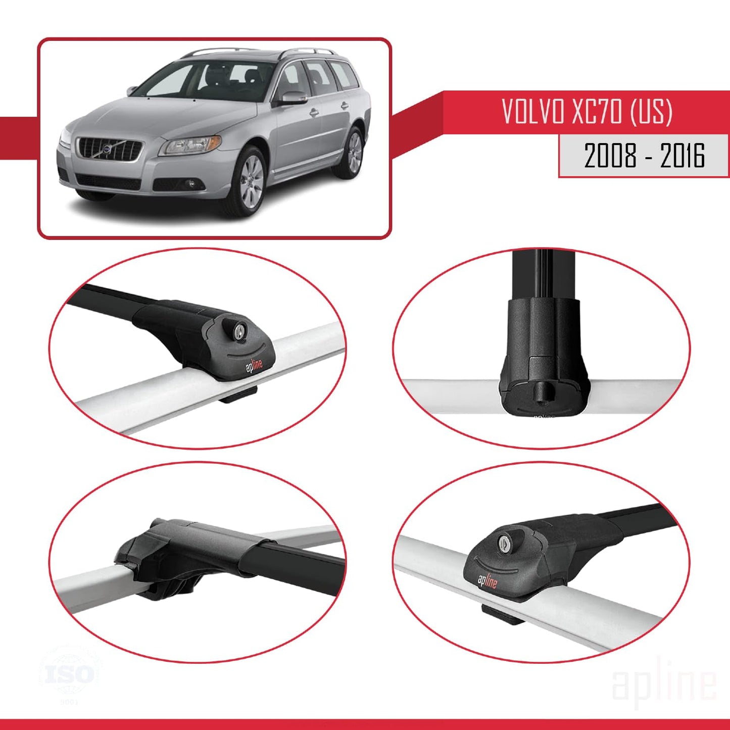 Compatible with Volvo XC70 II (P24) 2008-2016 ACE-1 Car Roof Rack Cross Bar Black Aluminium 2 Bars