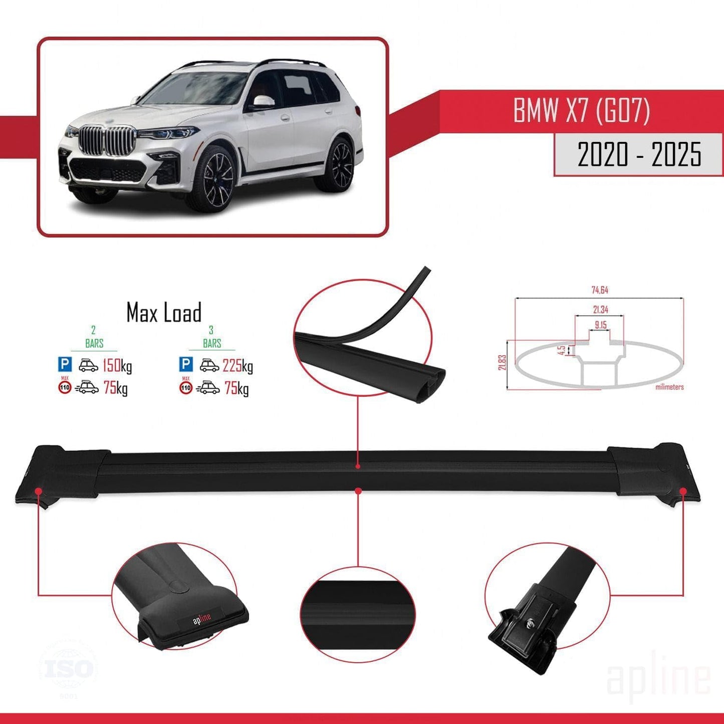Compatible with BMW X7 (G07) 2020-2025 Fly Model Car Roof Rack Cross Bar Black Aluminium 2 Bars