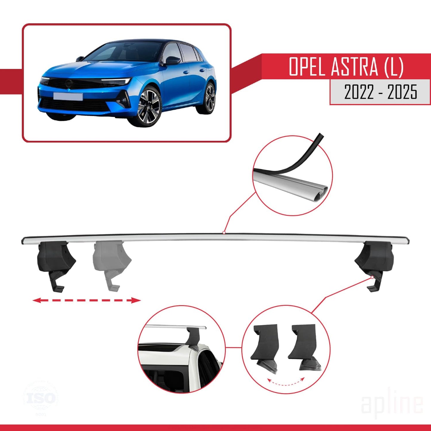 Compatible with Opel Astra L (C02) 2022-2025 ACE-4 Car Roof Rack Cross Bar Grey Aluminium 2 Bars
