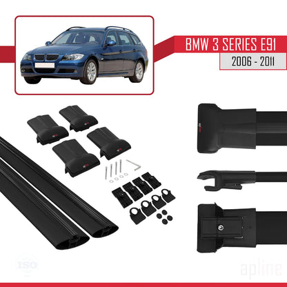 Compatible with BMW 3 Series E91 Touring 2006-2011 Fly Model Car Roof Rack Cross Bar Black Aluminium 2 Bars