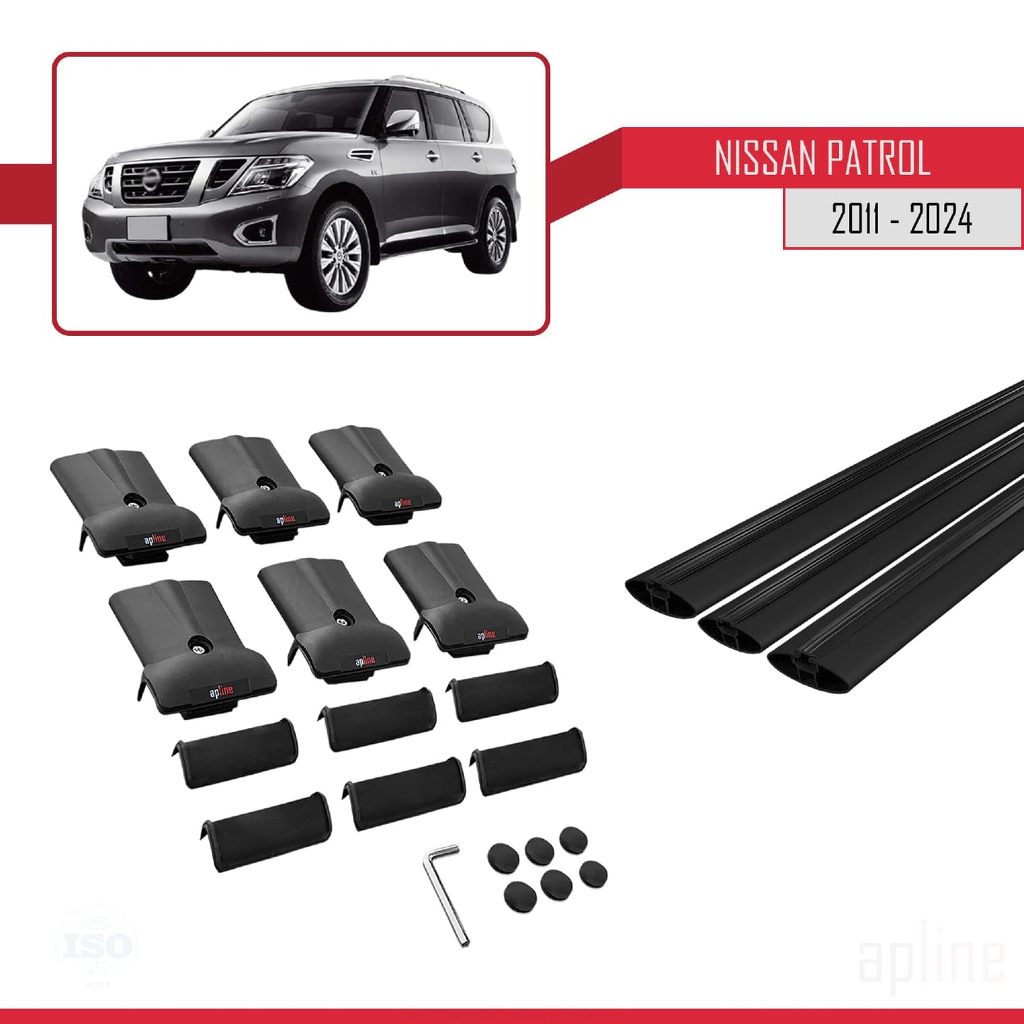 Compatible with Nissan Patrol 6 (Y62) 2011-2024 Fly Model Car Roof Rack Cross Bar Black Aluminium 3 Bars