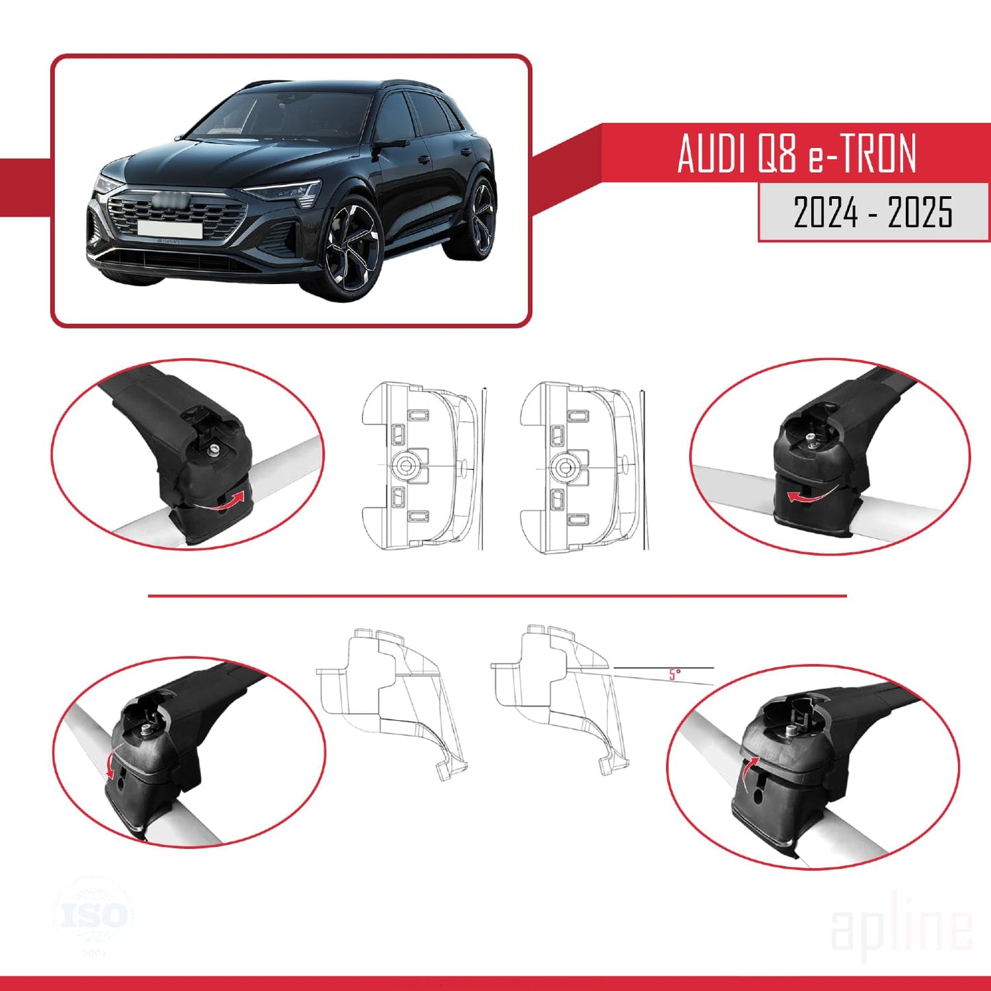 Compatible with Audi Q8 e-Tron 2024-2025 ACE-2 Car Roof Rack Cross Bar Black Aluminium 2 Bars