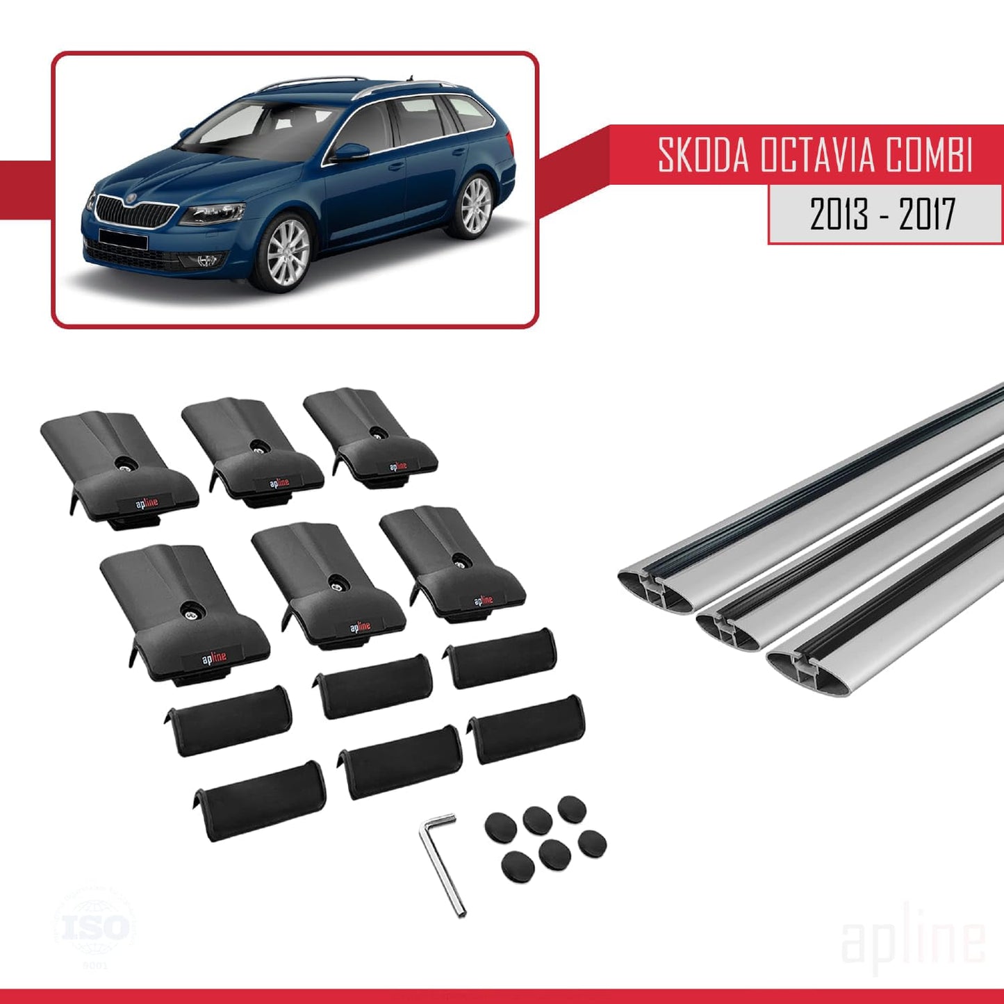 Compatible with Skoda Octavia 3 (5E) SW Pre-Facelift 2013-2017 Fly Model Car Roof Rack Cross Bar Grey Aluminium 3 Bars
