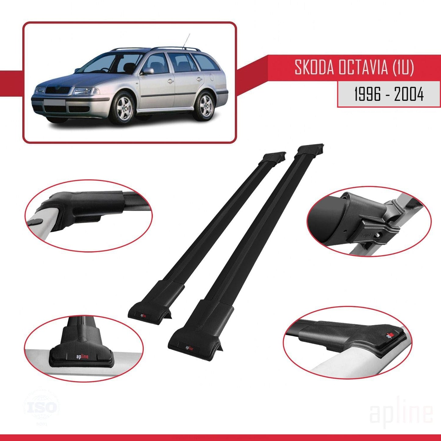 Compatible with Skoda Octavia (1U) 1996-2004 Fly Model Car Roof Rack Cross Bar Black Aluminium 2 Bars