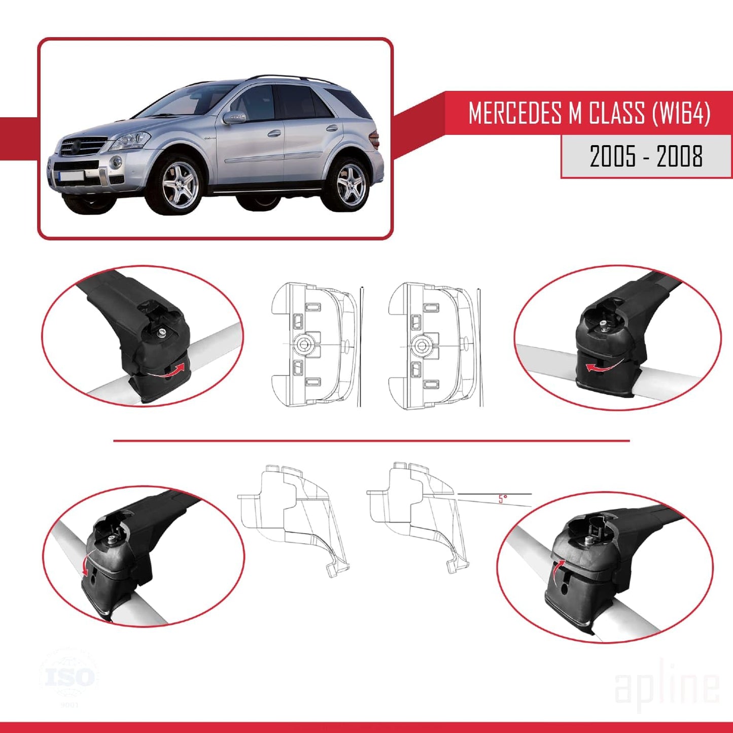 Compatible with Mercedes M Class 2 (W164) Pre-Facelift 2005-2008 ACE-2 Car Roof Rack Cross Bar Black Aluminium 2 Bars