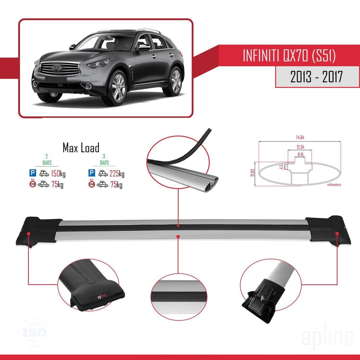 Compatible with Infiniti QX70 (S51) 2013-2017 Fly Model Car Roof Rack Cross Bar Grey Aluminium 2 Bars