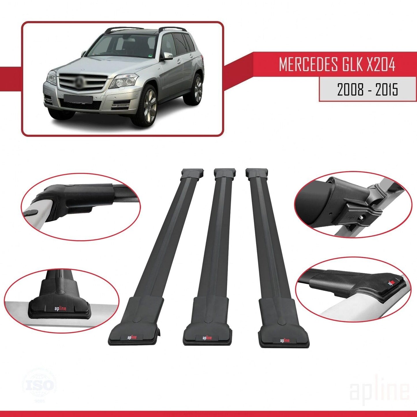 Compatible with Mercedes GLK Class (X204) 2008-2015 Fly Model Car Roof Rack Cross Bar Black Aluminium 3 Bars