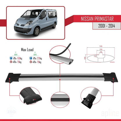 Compatible with Nissan Primastar 2001-2014 Fly Model Car Roof Rack Cross Bar Grey Aluminium 2 Bars