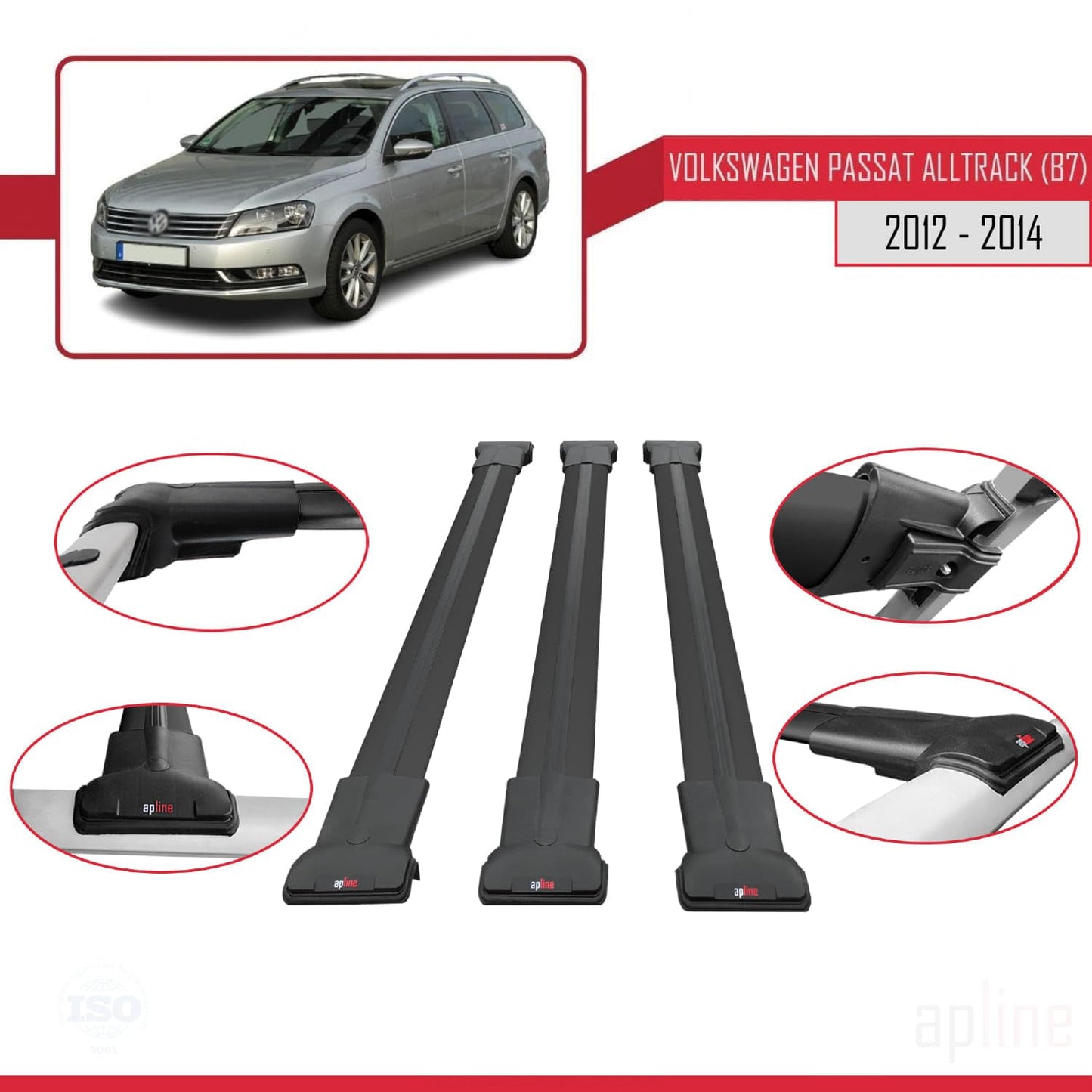 Compatible with Volkswagen Passat B7 (3C) Alltrack 2012-2014 Fly Model Car Roof Rack Cross Bar Black Aluminium 3 Bars