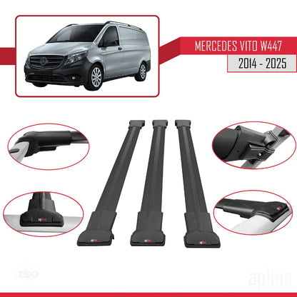 Compatible with Mercedes Vito 3 (W447) 2014-2025 Fly Model Car Roof Rack Cross Bar Black Aluminium 3 Bars