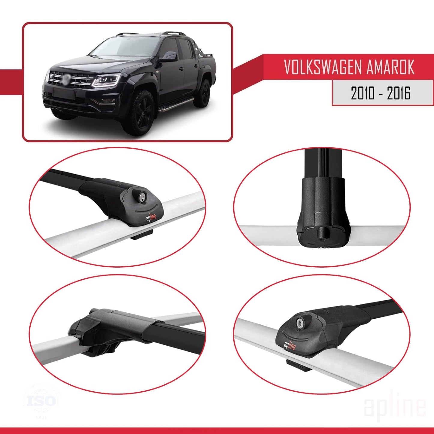 Compatible with Volkswagen Amarok (2F) Pre-Facelift 2010-2016 ACE-1 Car Roof Rack Cross Bar Black Aluminium 3 Bars