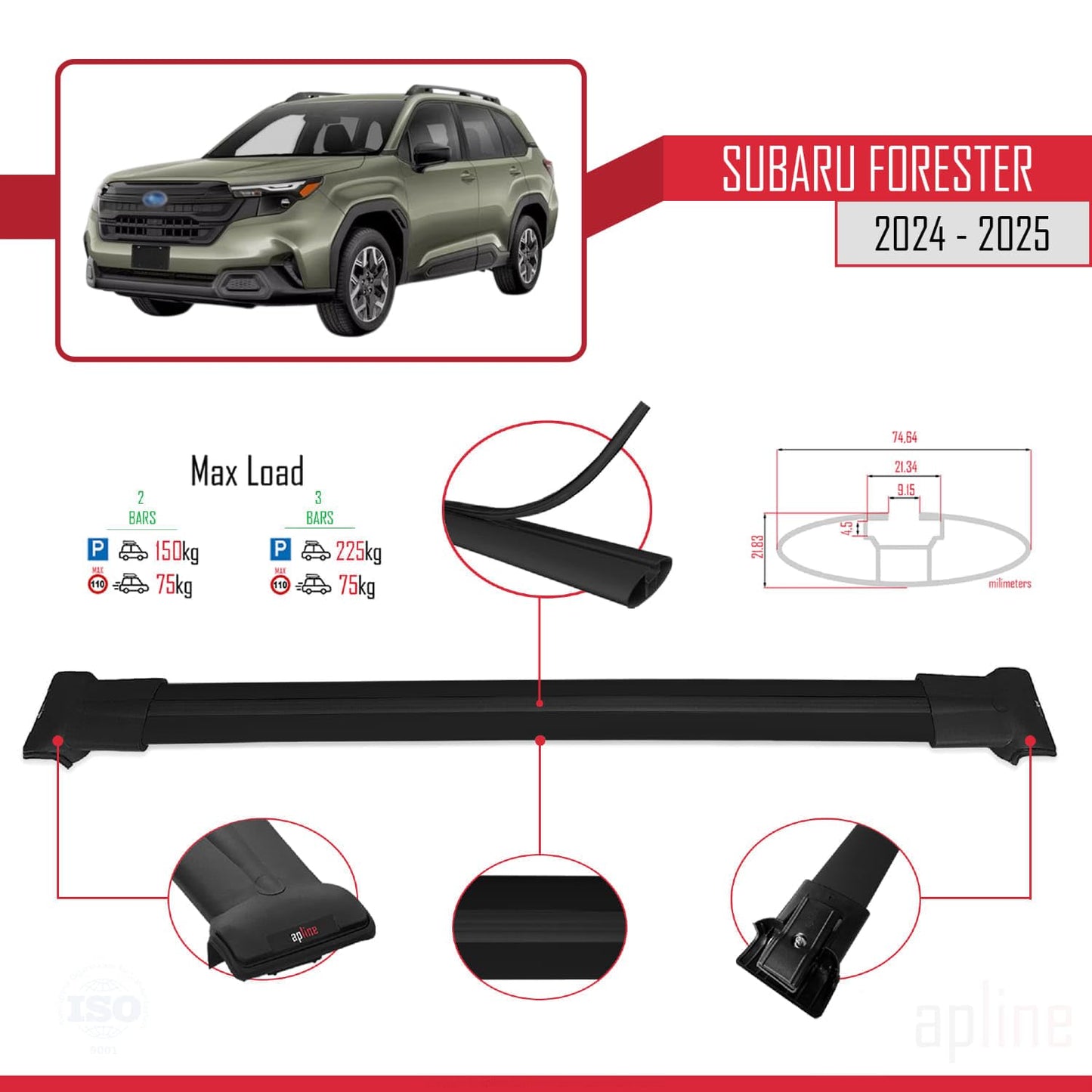 Compatible with Subaru Forester (Raised Roof) 2024-2025 Fly Model Car Roof Rack Cross Bar Black Aluminium 2 Bars
