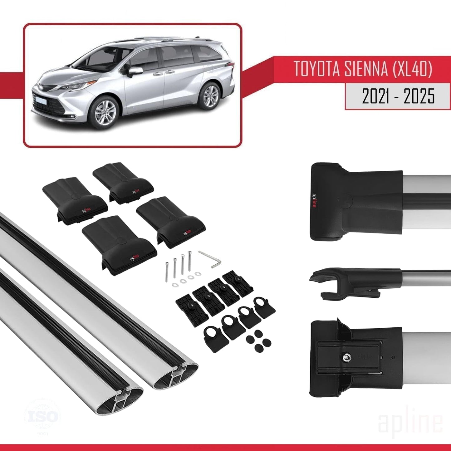 Compatible with Toyota Sienna 4 (XL40) 2021-2025 Fly Model Car Roof Rack Cross Bar Grey Aluminium 2 Bars
