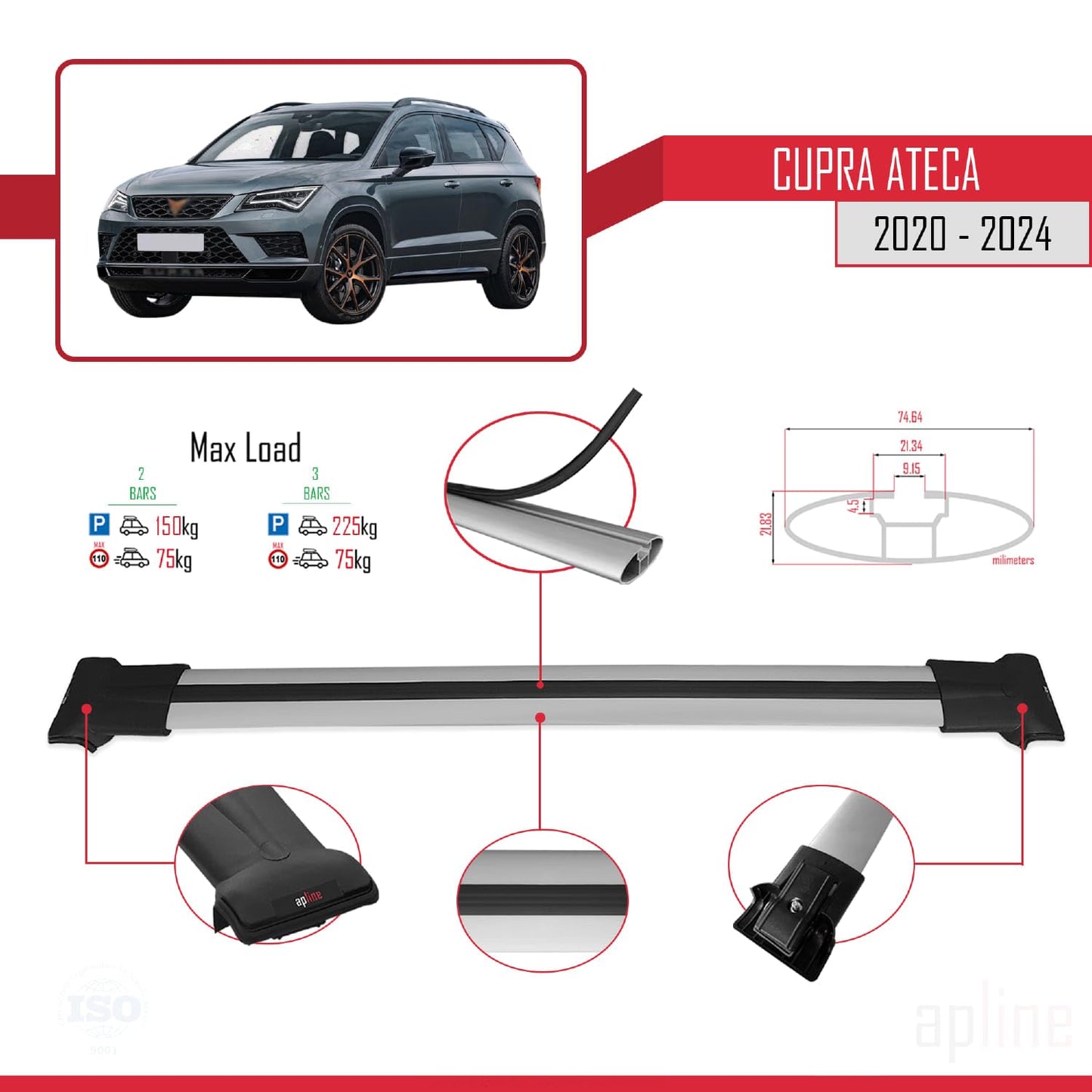 Compatible with Cupra Ateca 2020-2024 Fly Model Car Roof Rack Cross Bar Grey Aluminium 2 Bars
