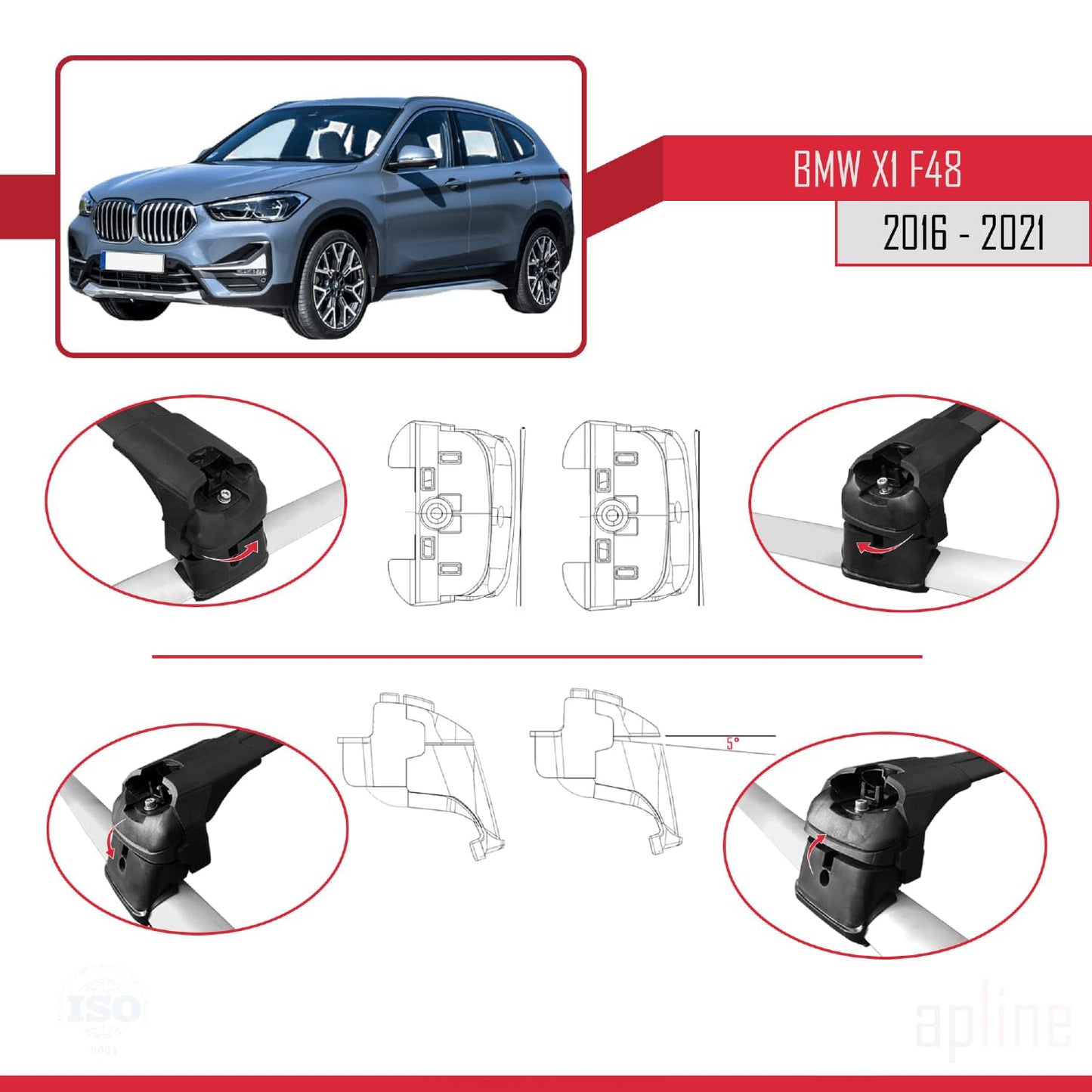 Compatible with BMW X1 (F48) 2016-2022 ACE-2 Car Roof Rack Cross Bar Black Aluminium 2 Bars