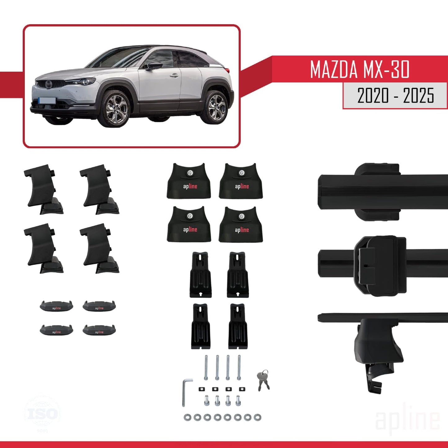 Compatible with Mazda MX-30 (DR) 2020-2025 ACE-4 Car Roof Rack Cross Bar Black Aluminium 2 Bars