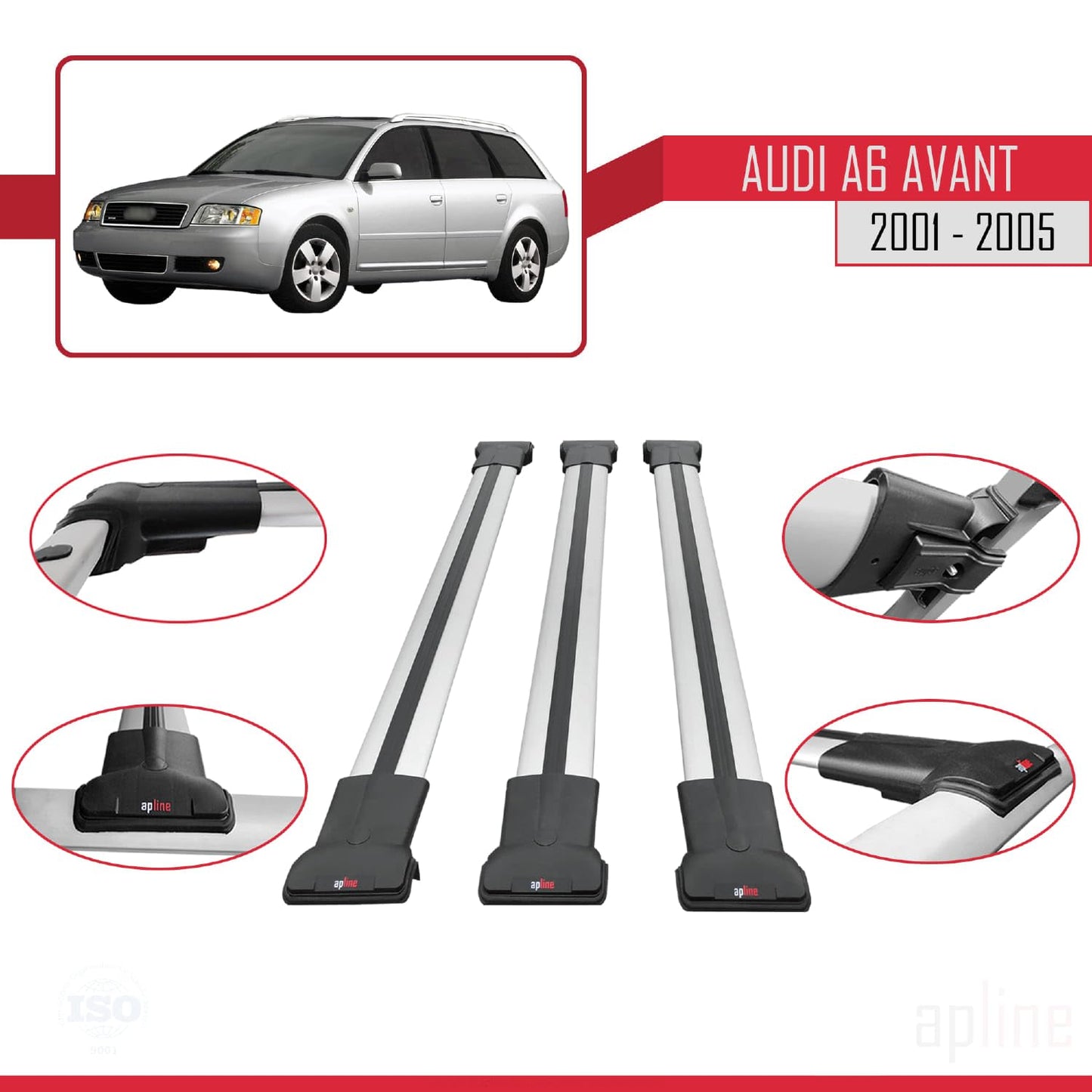 Compatible with Audi A6 Avant 2001-2005 Fly Model Car Roof Rack Cross Bar Grey Aluminium 3 Bars