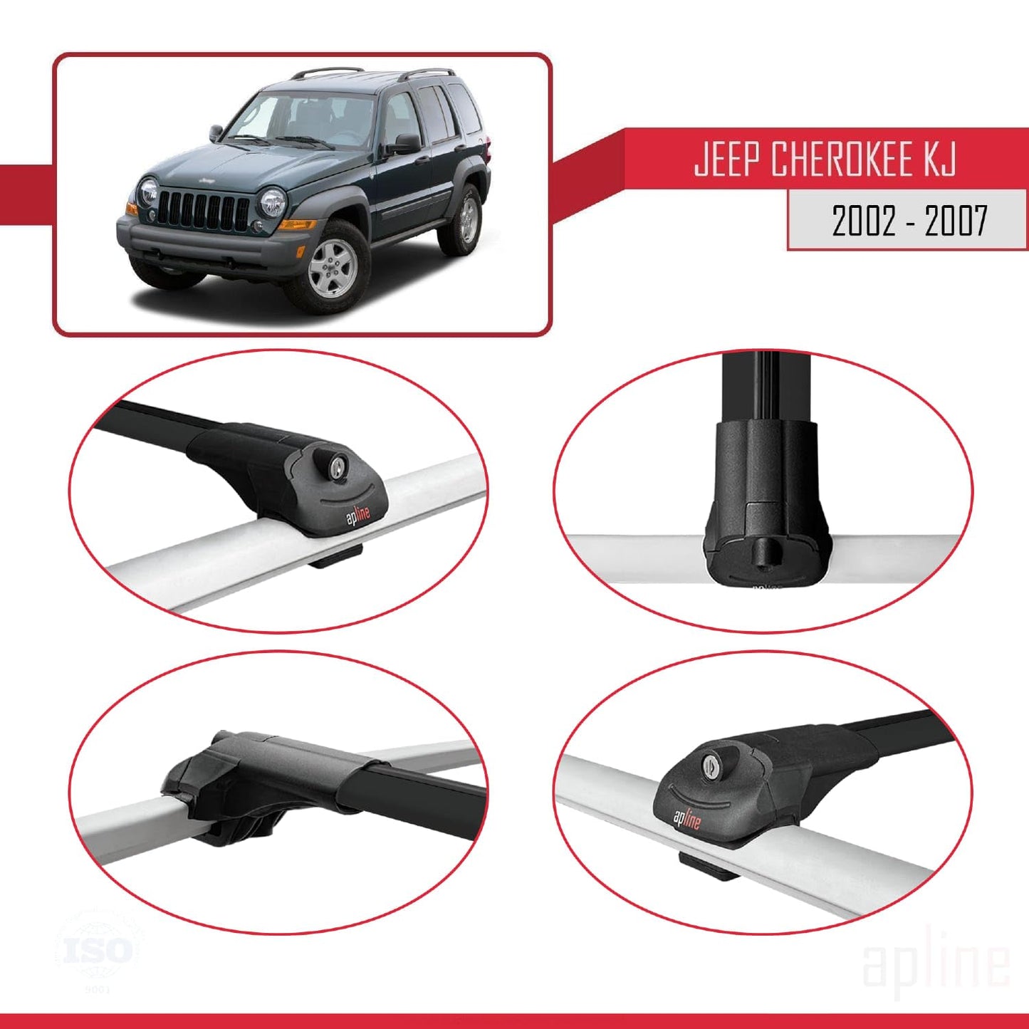 Compatible with Jeep Cherokee 3 (KJ) 2002-2007 ACE-1 Car Roof Rack Cross Bar Black Aluminium 2 Bars
