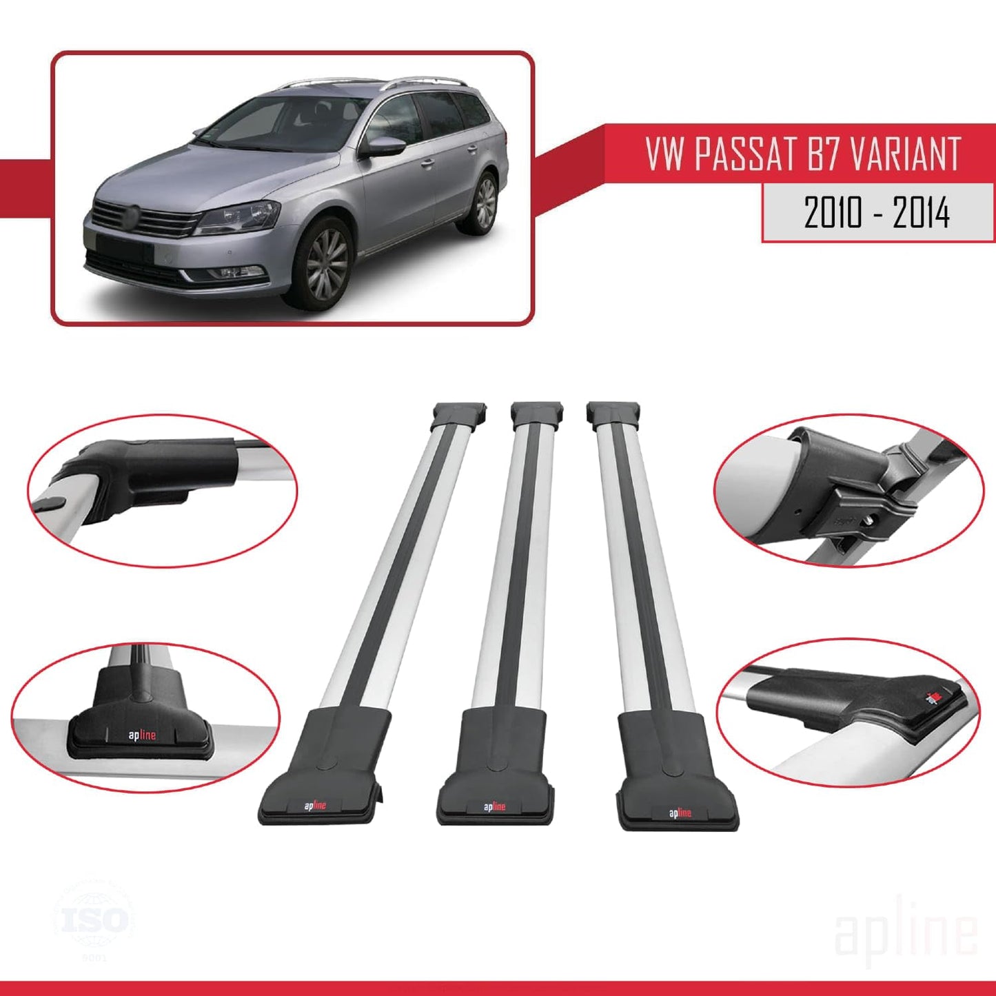 Compatible with Volkswagen Passat B7 (3C) Variant 2010-2014 Fly Model Car Roof Rack Cross Bar Grey Aluminium 3 Bars