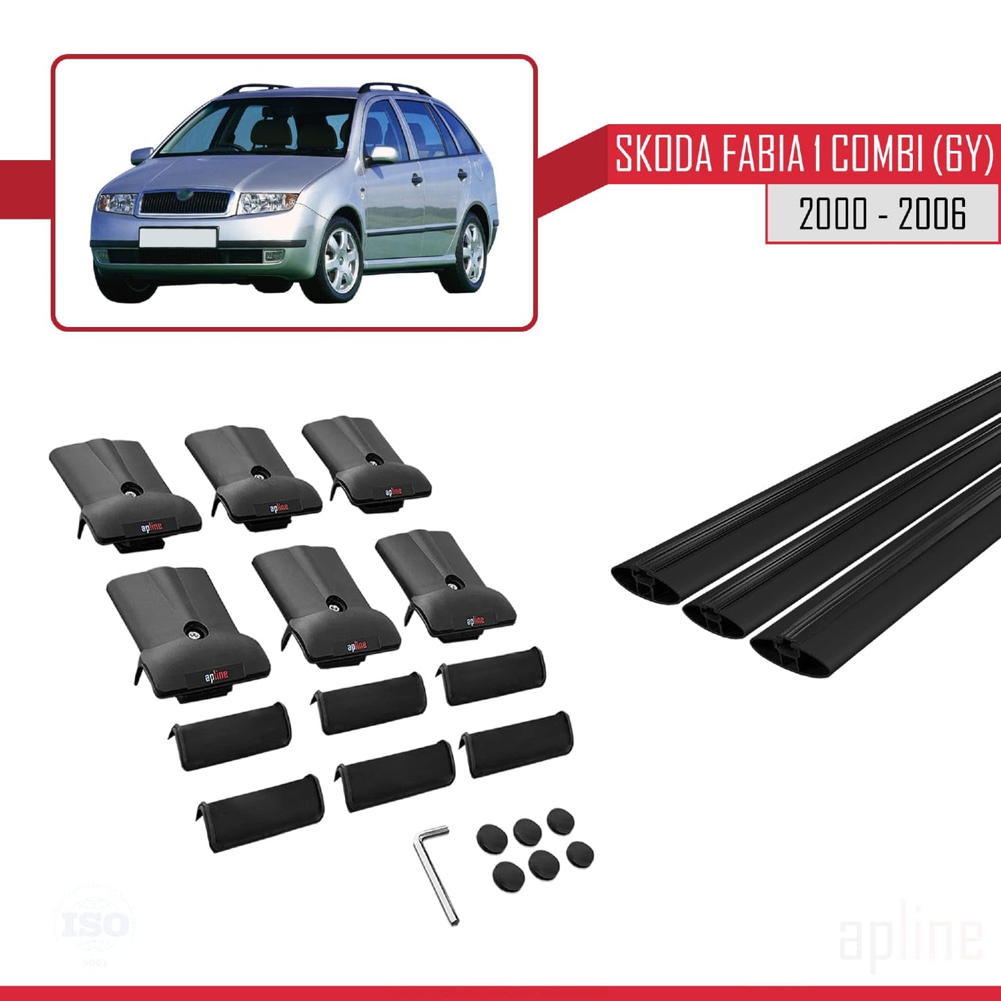 Compatible with Skoda Fabia (6Y) SW 2000-2006 Fly Model Car Roof Rack Cross Bar Black Aluminium 3 Bars