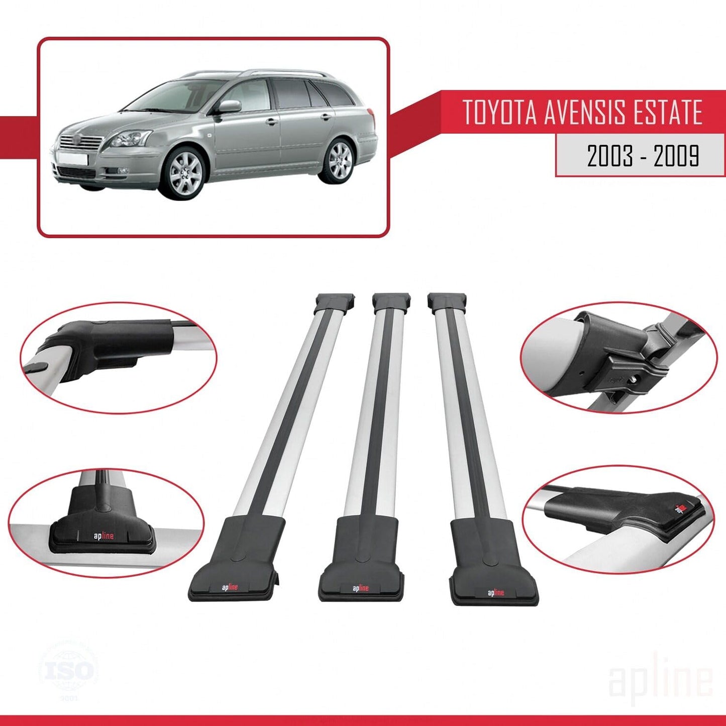 Compatible with Toyota Avensis SW 2003-2009 Fly Model Car Roof Rack Cross Bar Grey Aluminium 3 Bars