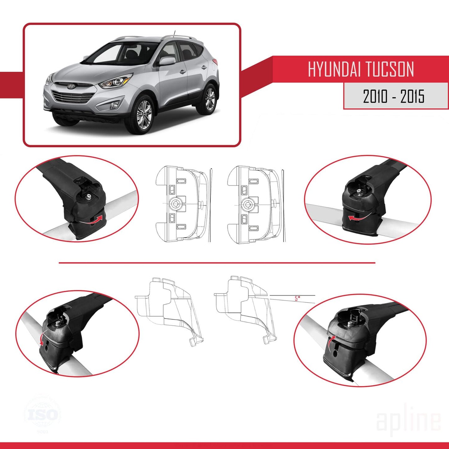 Compatible with Hyundai Tucson 2 (LM) 2010-2015 ACE-2 Car Roof Rack Cross Bar Black Aluminium 2 Bars