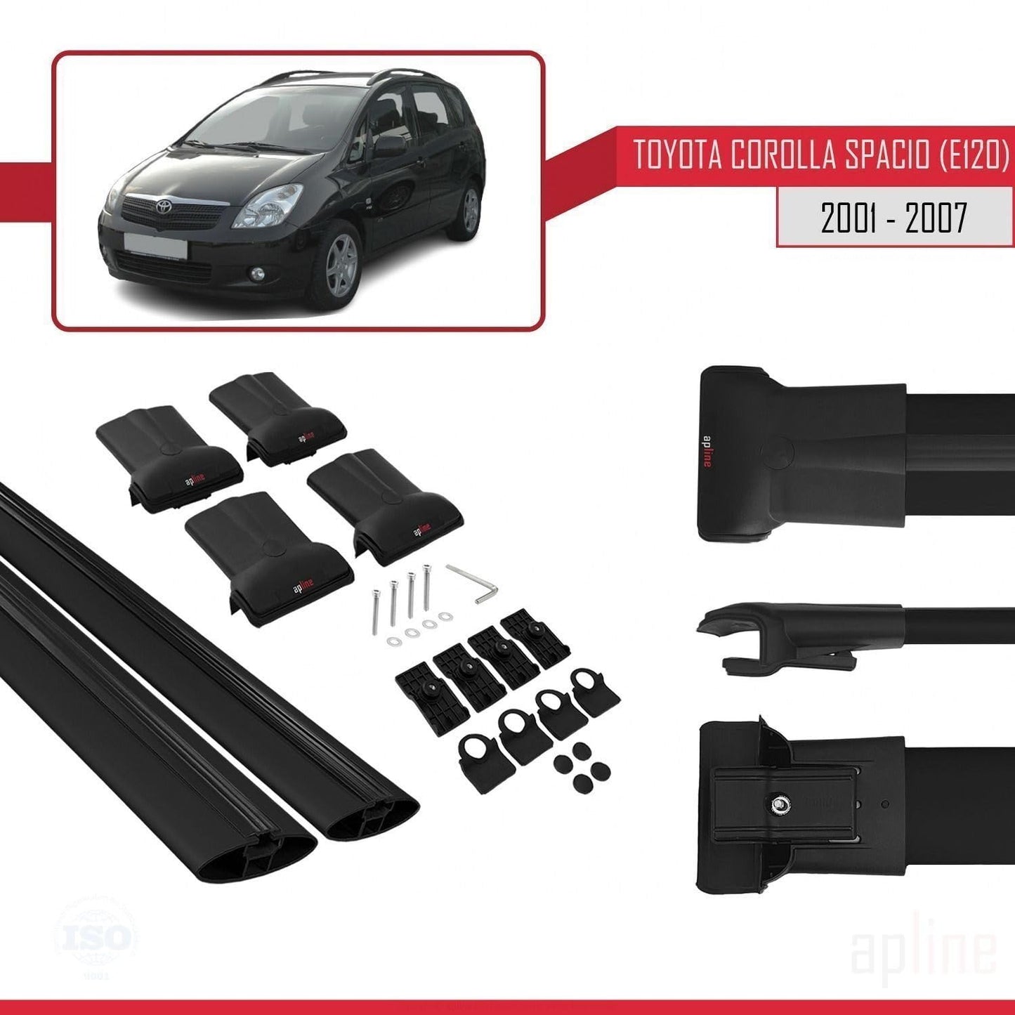 Compatible with Toyota Corolla Spacio 2 (E120) 2001-2007 Fly Model Car Roof Rack Cross Bar Black Aluminium 2 Bars