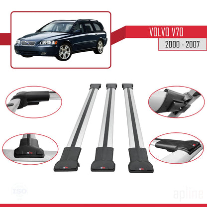 Compatible with Volvo V70 2000-2007 Fly Model Car Roof Rack Cross Bar Grey Aluminium 3 Bars