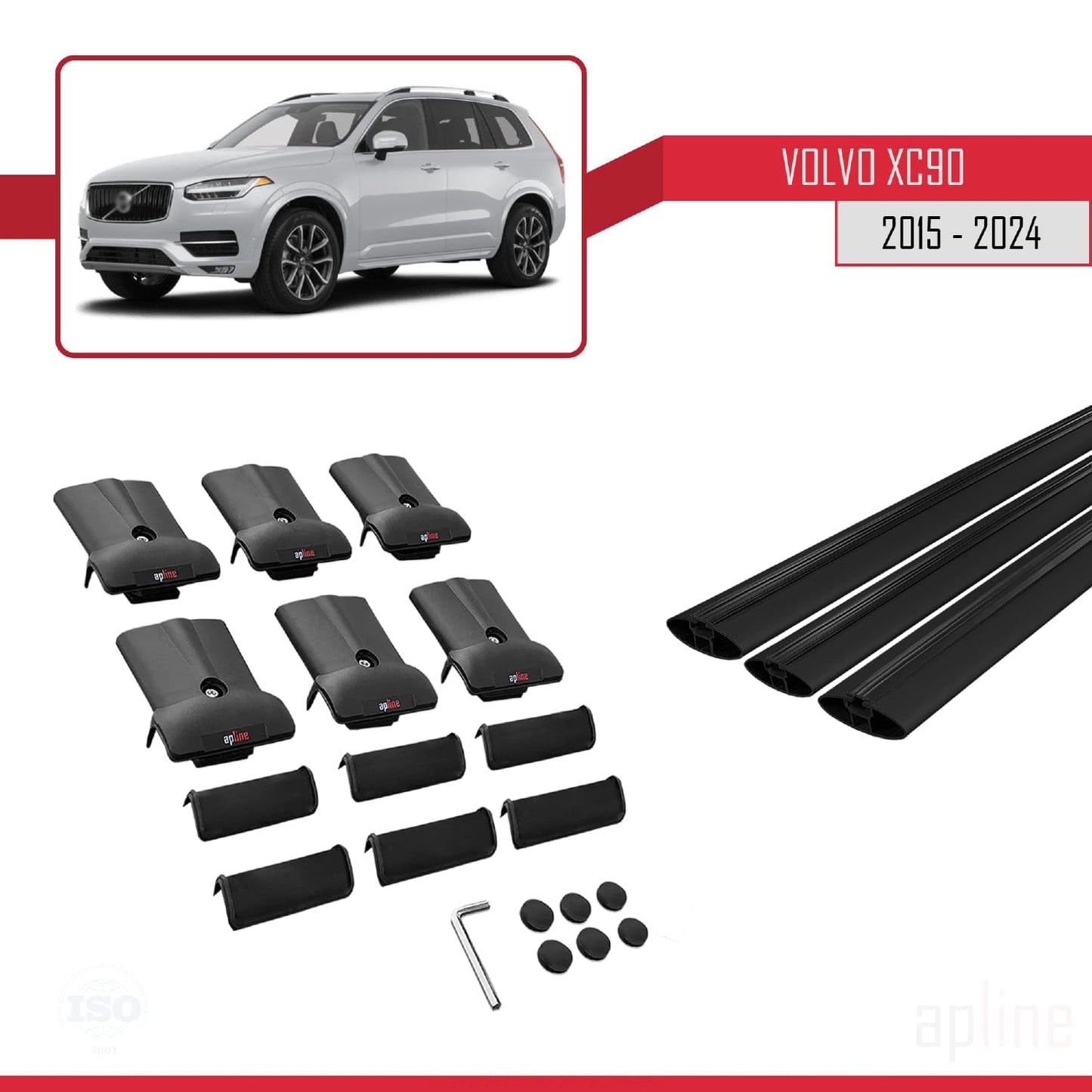 Compatible with Volvo XC90 II 2015-2025 Fly Model Car Roof Rack Cross Bar Black Aluminium 3 Bars