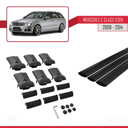 Compatible with Mercedes C Class 3 (S204) 2008-2014 Fly Model Car Roof Rack Cross Bar Black Aluminium 3 Bars