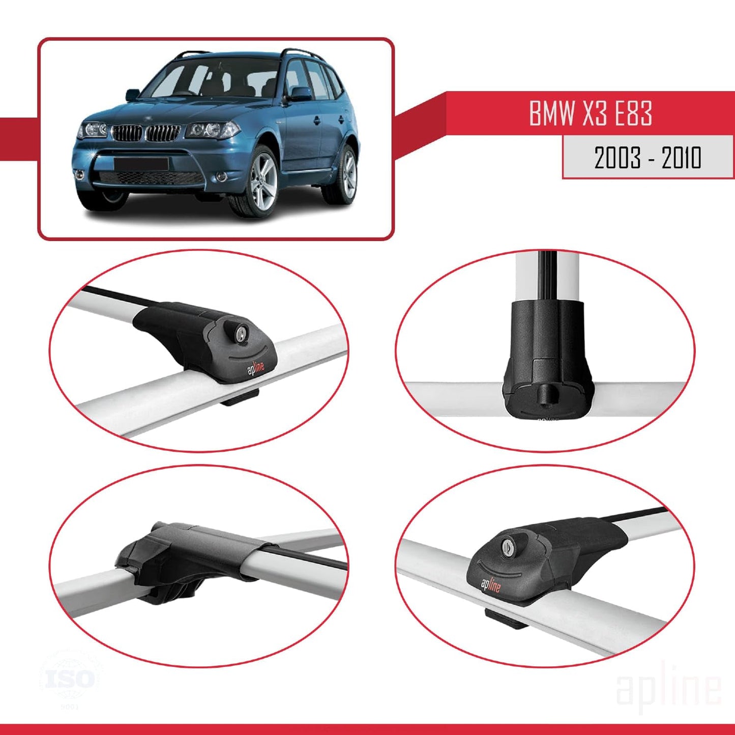 Compatible with BMW X3 (E83) 2003-2010 ACE-1 Car Roof Rack Cross Bar Grey Aluminium 2 Bars